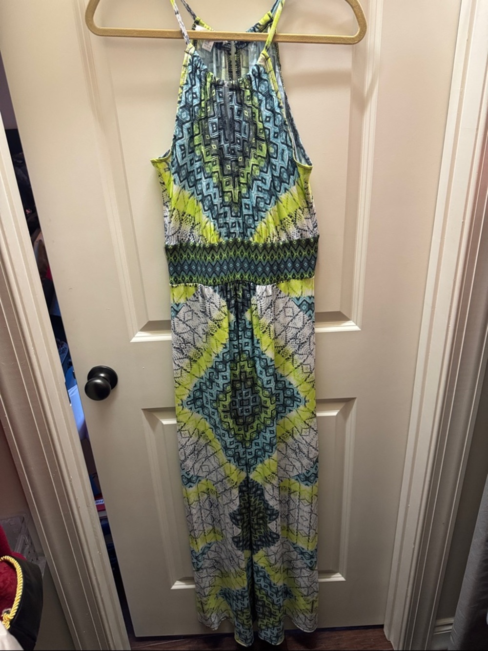 London Times Halter Maxi Dress in Blue & Lime